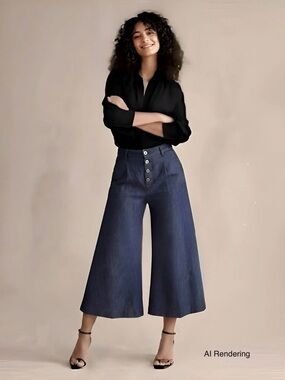 New! VIVID Dark Blue Linen Jeans Style Wide Leg Button Fly Cropped Pants size 6